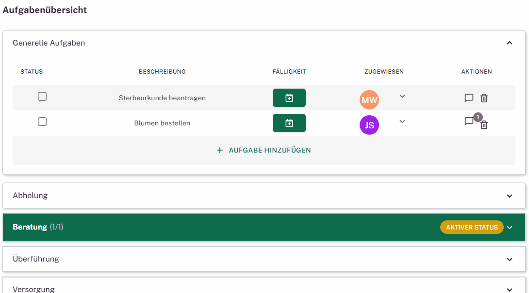 Aufgabe wird in Bestatter-Software abgehakt und die Kommentar-Sektion geöffnet.