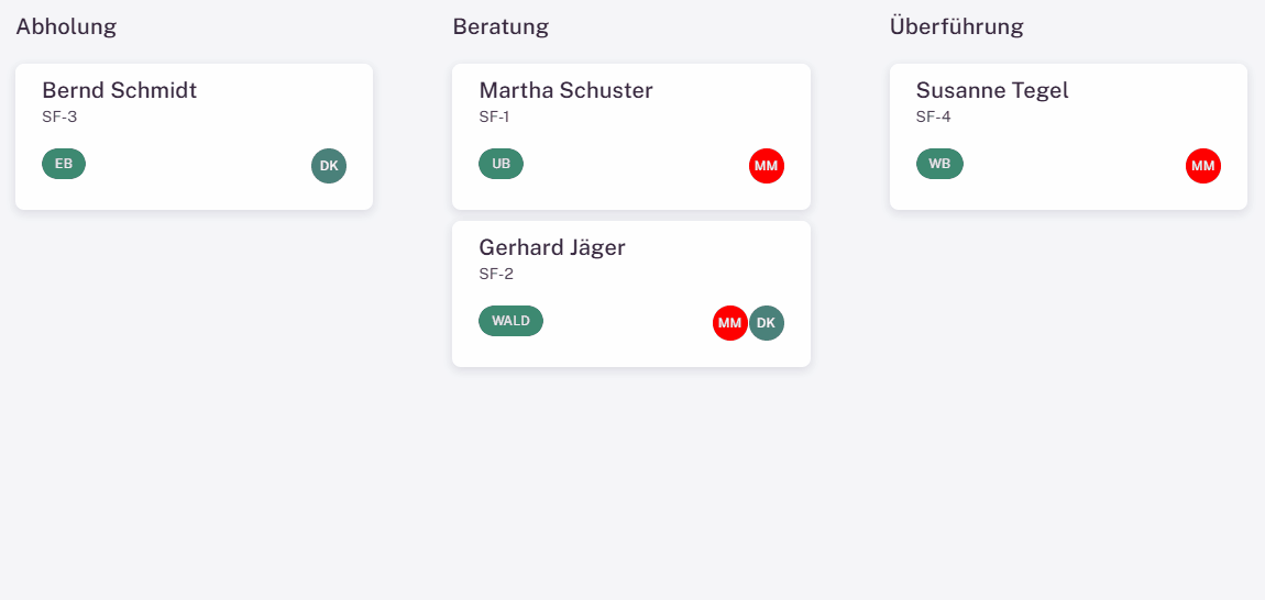 In der Bestatter Software wird ein Sterbefall auf einem Board aus dem Status Abholung in den Status Beratung gezogen